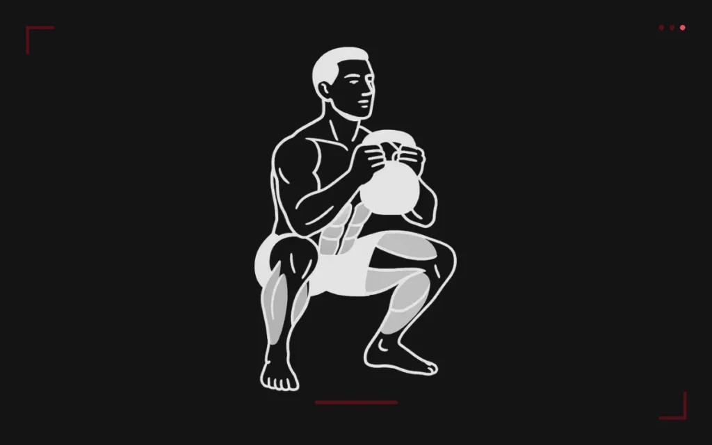 Air squat : un homme en squat profond, cuisses sous l'horizontale, bras devant lui