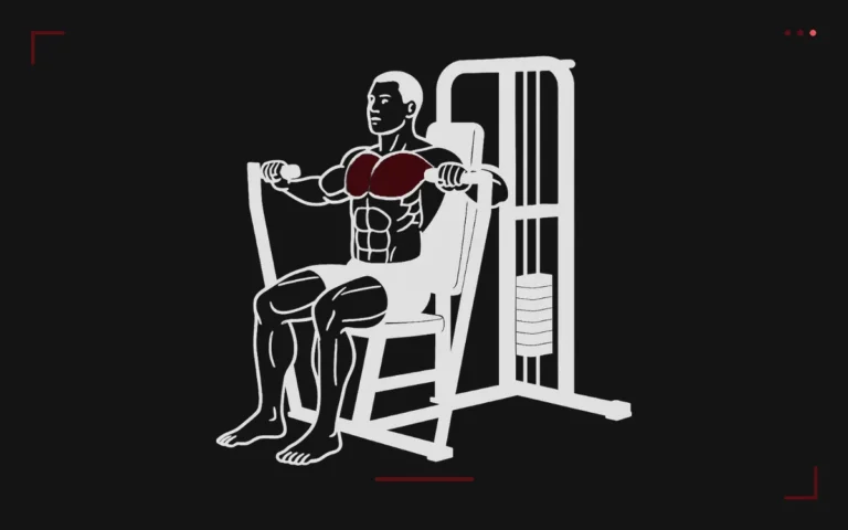 Chest press à la machine : un homme assis pousse les poignées devant lui, pectoraux surlignés en rouge