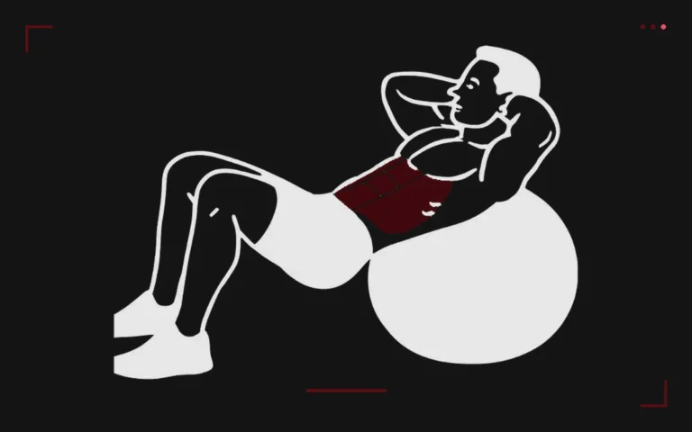 Crunch sur Swiss ball : un homme allongé sur le ballon, mains derrière la tête, abdominaux surlignés