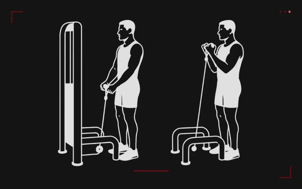 Curl biceps à la poulie basse : un homme debout, bras tendus puis coudes fléchis, face à la poulie
