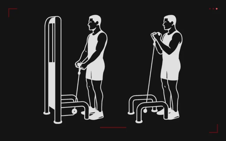 Curl biceps à la poulie basse : un homme debout, bras tendus puis coudes fléchis, face à la poulie