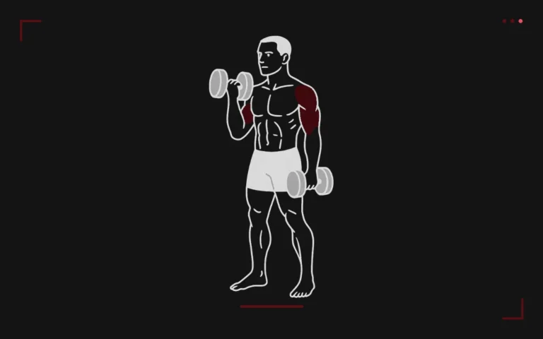 Curl marteau aux haltères : un homme debout monte un haltère en prise neutre, avant-bras et biceps surlignés