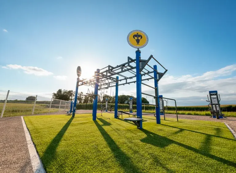 Station de street workout multifonction installée sur une pelouse, dans un espace public en plein air
