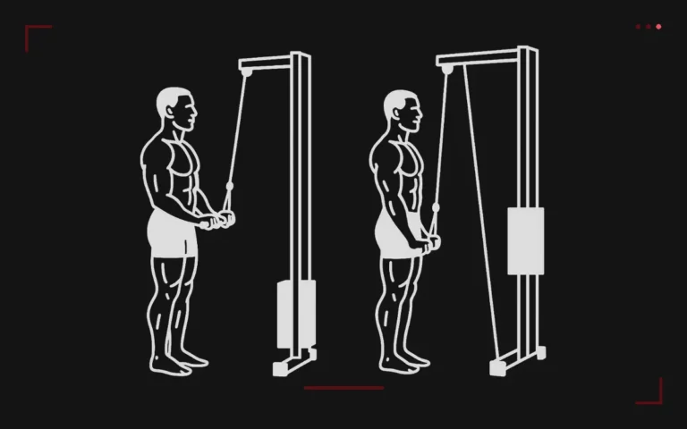 Extension triceps à la poulie basse : un homme debout, dos à la poulie, pousse la poignée vers le bas
