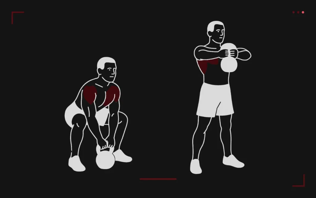 Kettlebell sumo squat : un homme jambes écartées descend avec une kettlebell puis remonte, épaules surlignées
