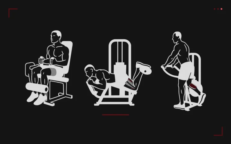 Leg curl : trois variantes à la machine, assis, allongé et debout, ischio-jambiers surlignés