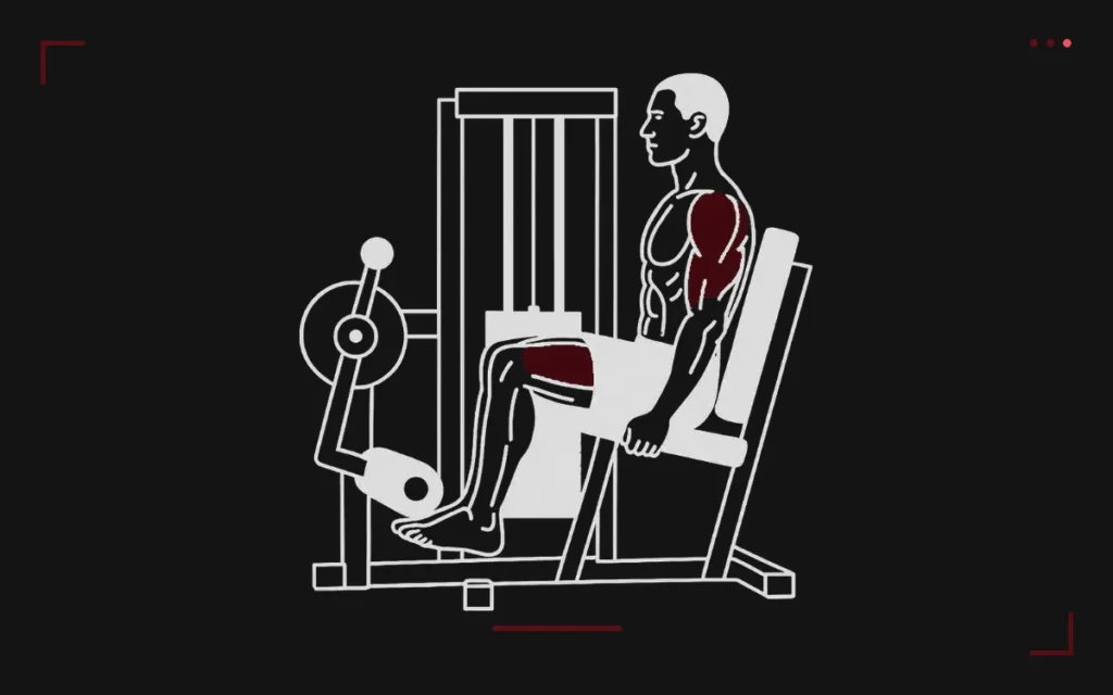 Leg extension à la machine : un homme assis tend les jambes contre le boudin, quadriceps surlignés