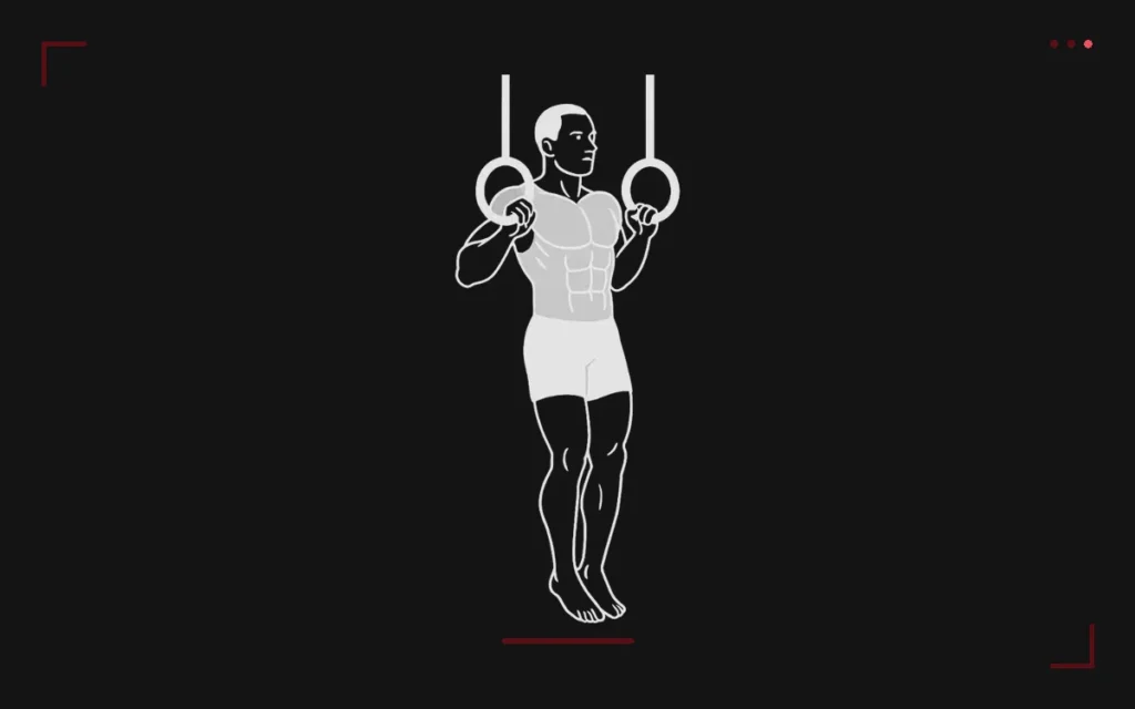 Muscle up aux anneaux : un homme en suspension aux anneaux de gymnastique, en fin de tirage avant la transition