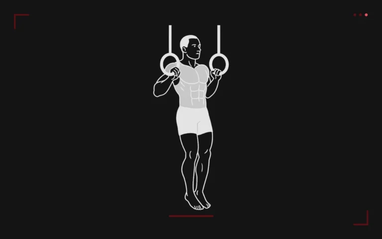 Muscle up aux anneaux : un homme en suspension aux anneaux de gymnastique, en fin de tirage avant la transition