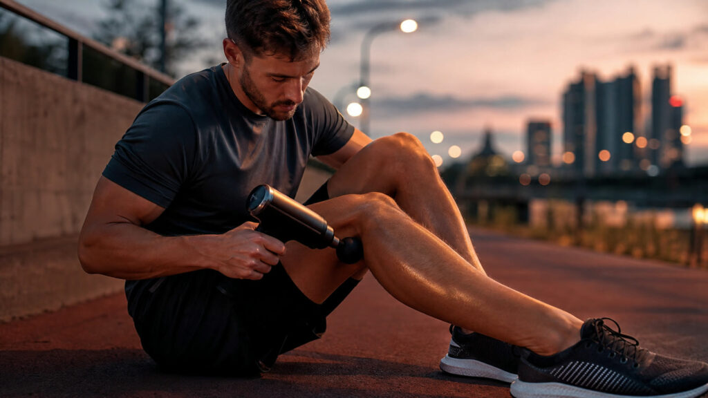 Sportif utilisant un pistolet de massage sur son mollet après l'effort