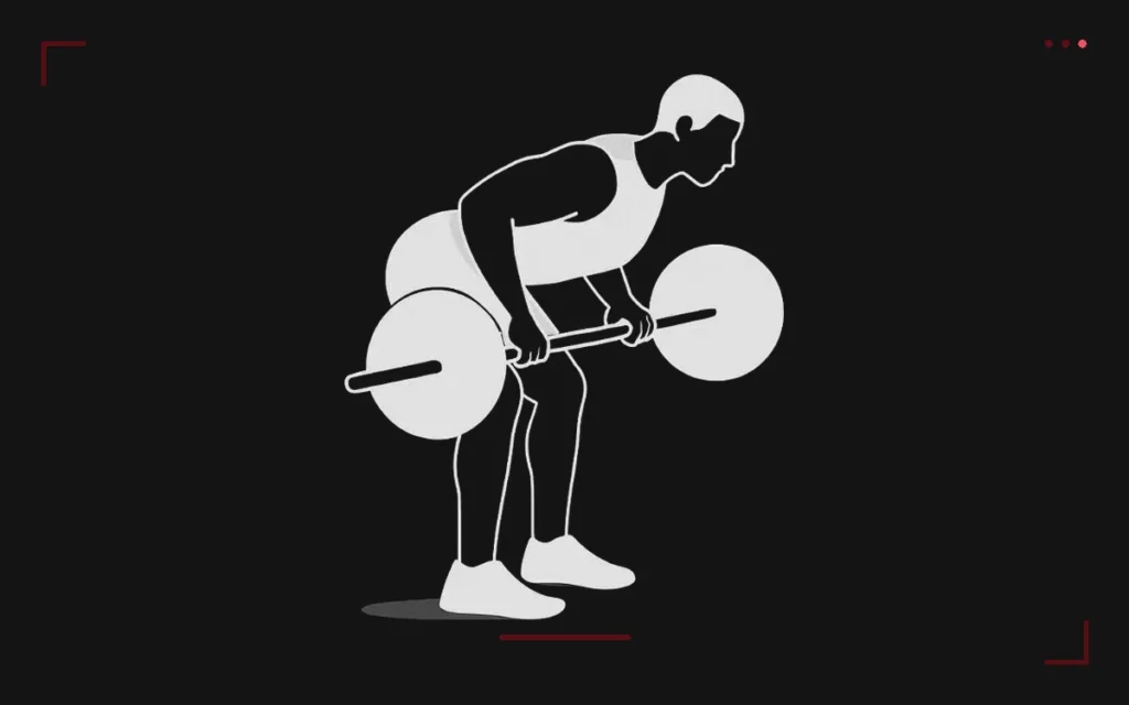 Rowing barre : un homme buste penché, dos plat, tire une barre chargée vers son ventre