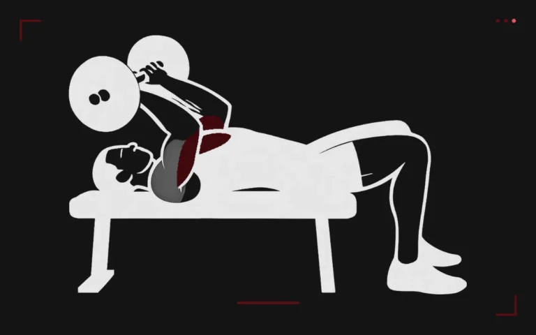 Skullcrusher à la barre : un homme allongé sur un banc descend la barre vers le front, triceps surlignés