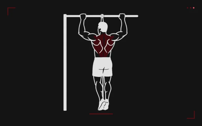 Tractions avec élastique : un homme de dos suspendu à la barre, les muscles du dos surlignés en rouge